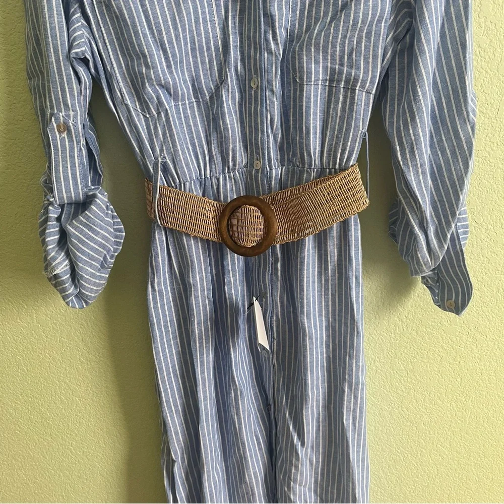 Zara Belted Linen Midi Shirt Dress V-Neck Tab Sleeve Striped Blue White Size XL